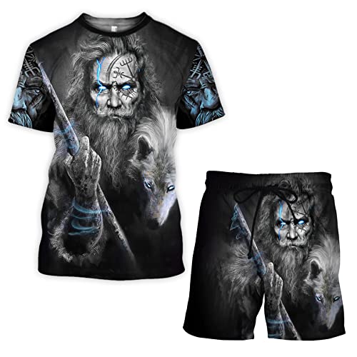 Wikinger Herren T-Shirt und Shorts Set, 3D Druck Odin Mythos Tattoo Sommer Lässige Urlaubs-Outfits,Odin,XL von BBYOUTH