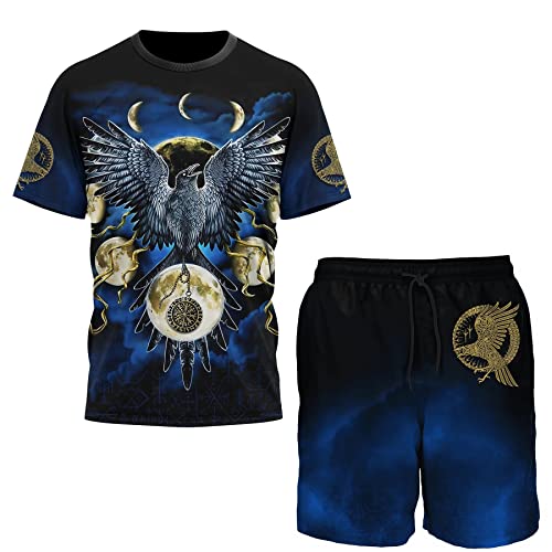 Wikinger Herren T-Shirt und Shorts Set, 3D Druck Odin Mythos Tattoo Sommer Lässige Urlaubs-Outfits,Odin Raven,XL von BBYOUTH