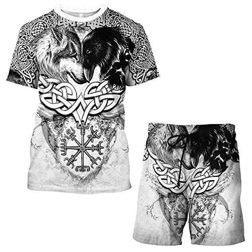 Wikinger Herren T-Shirt und Shorts Set, 3D Druck Odin Mythos Tattoo Sommer Lässige Urlaubs-Outfits,Raven and Wolf,XL von BBYOUTH