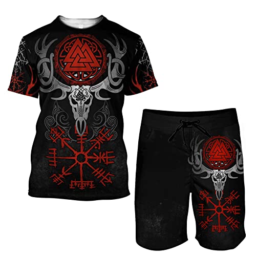 Wikinger Herren T-Shirt und Shorts Set, 3D Druck Odin Mythos Tattoo Sommer Lässige Urlaubs-Outfits,Valknut,L von BBYOUTH