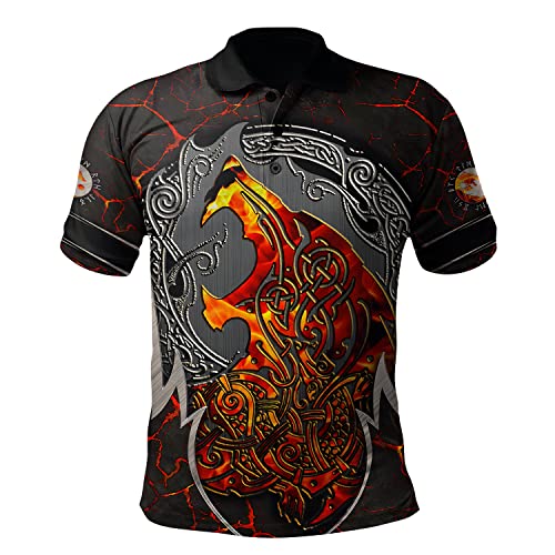 Wikinger Poloshirt Herren, 3D Druck Nordischen Mythos Symbole Atmungsaktives Kurzarm Cosplay Shirt (11 USA Größe),Fenrir Wolf,XL von BBYOUTH