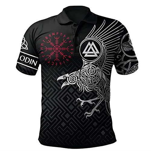 Wikinger Poloshirt Herren, 3D Druck Nordischen Mythos Symbole Atmungsaktives Kurzarm Cosplay Shirt (11 USA Größe),Helm of awe,5XL von BBYOUTH