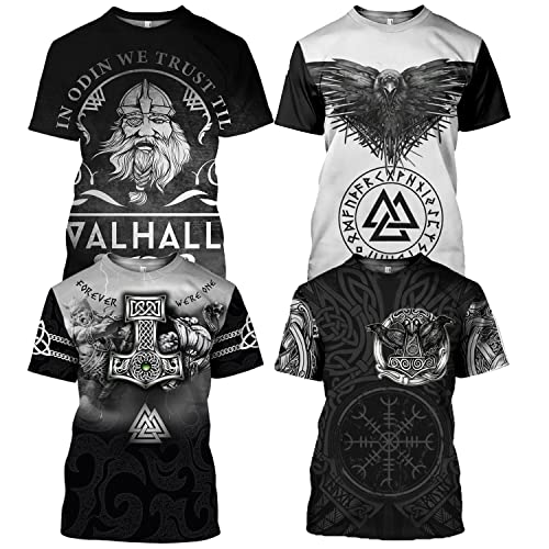 Wikinger T-Shirt 4er Pack für Herren, 3D-Druck Nordischer Mythos Odin Tattoo Sommer Ultra Dünn Fun Kurzarm (USA Größe),Til Valhalla,XXL von BBYOUTH