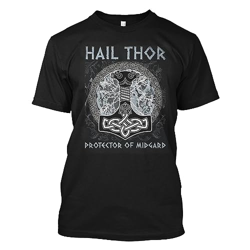 Wikinger T-Shirt Herren Baumwolle Schwarz Odin Graffiti Kulturhemd Nordisches Sprichwort Drucken Kurzarm(USA Größe),Hail Thor Hammer,4XL von BBYOUTH