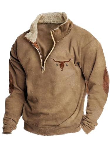 Herren Western Fleecejacke Cowboy Bull Head Print Pullover 1/4 Reißverschluss Stehkragen Langarm Country Sweatshirts A1 L von BBauer