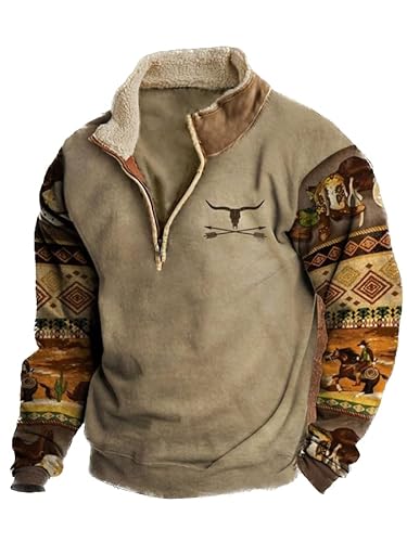 Herren Western Fleecejacke Cowboy Bull Head Print Pullover 1/4 Reißverschluss Stehkragen Langarm Country Sweatshirts A2 M von BBauer