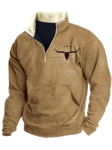 Herren Western Fleecejacke Cowboy Bull Head Print Pullover 1/4 Reißverschluss Stehkragen Langarm Country Sweatshirts A4 3XL von BBauer