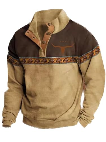 Herren Western Fleecejacke Cowboy Bull Head Print Pullover 1/4 Reißverschluss Stehkragen Langarm Country Sweatshirts A6 3XL von BBauer