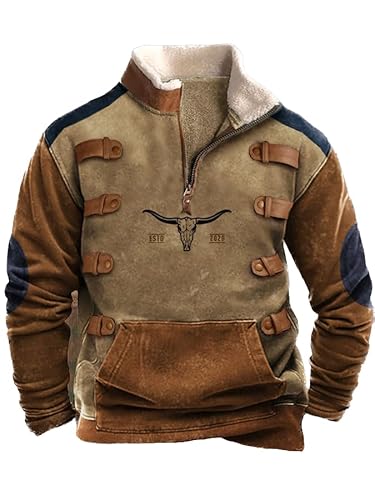 Herren Western Fleecejacke Cowboy Bull Head Print Pullover 1/4 Reißverschluss Stehkragen Langarm Country Sweatshirts B2 M von BBauer