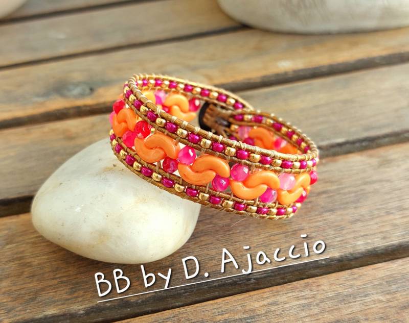 Armband Wrap Orange, Pink, Für Frauen. Mehrreihige Manschette Aus Perlen Und Leder, Boho-stil, Südwesten. Boho Leder Armband Wrap Orange, Pink, Für Frauen. Mehrreihige Manschette Aus Perlen Und Leder, Boho-stil, Südwesten. Boho Leder von BBbyD