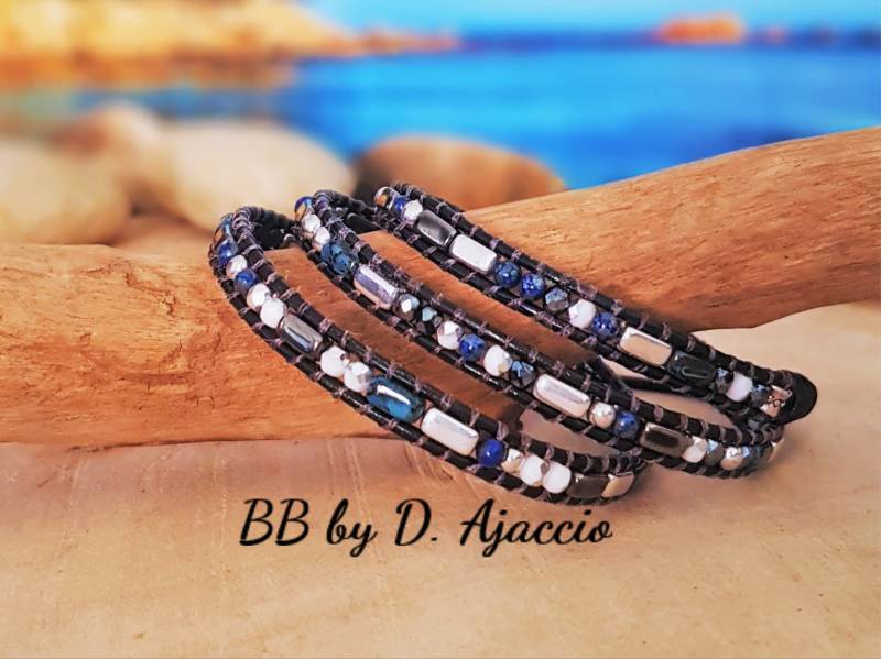 Feines Wickelband Aus Leder Und Glasperlen. Bündchen Im Boochic-stil, Schwarz, Blau, Silber. Dünnes Armband. Boho Perlenarmband von BBbyD