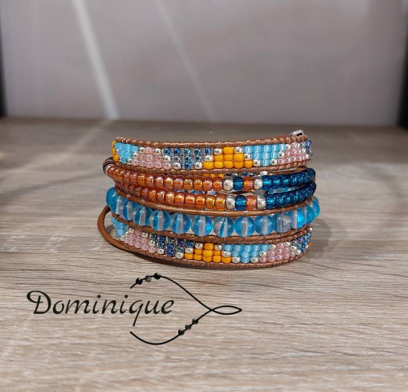 Wickelarmband Aus Leder Und Glasperlen. Mehrsträngiges Armband Miyuki-Perlen, Orange, Blau. Boho-Lederarmband Im Südwest-stil Wickelarmband Aus Leder Und Glasperlen. Mehrsträngiges Armband Miyuki-Perlen, Orange, Blau. Boho-Lederarmband Im Südwest-stil von BBbyD