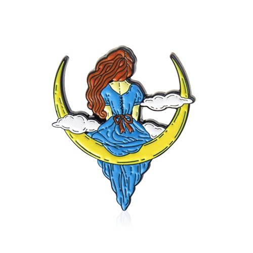 Ein Mädchen in einem langen blauen Kleid mit langen, fließenden Haaren sitzt auf einer Mondschaukel und verpasst die Brosche, Metall Zink Acryl von BBirtyQV