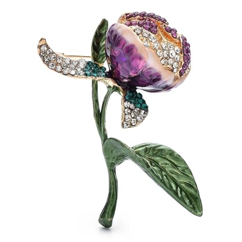 Emaille Lila Tulpe Blume Grünes Blatt Klarer Kristall Staubgefäß Frauen Brosche Stecknadeln Schmuck Zubehör, lila von BBirtyQV