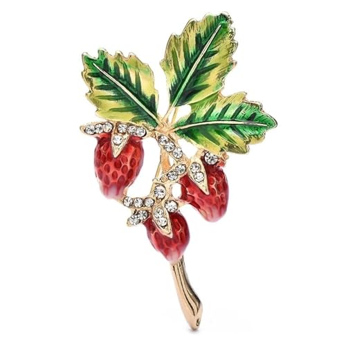 Emaille Rot Erdbeere Grün Blatt Frucht Brosche Anstecknadeln Frauen Schmuck Accessoire Kristall Abzeichen, golden von BBirtyQV