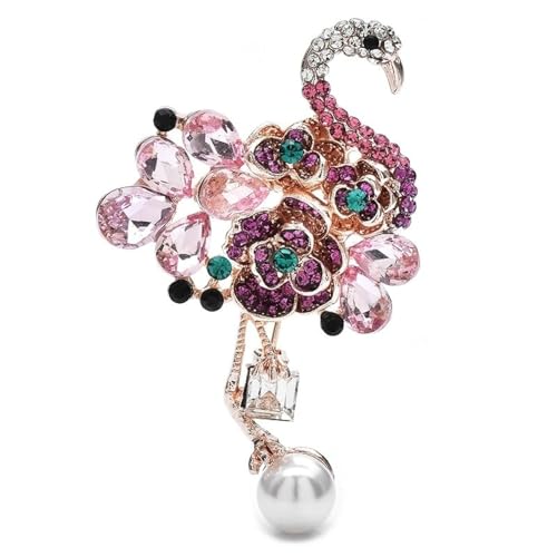 Rosa Strass Blume FLamingo Vogel Brosche Perlen Pins Frauen Schmuck Accessoire, lila von BBirtyQV