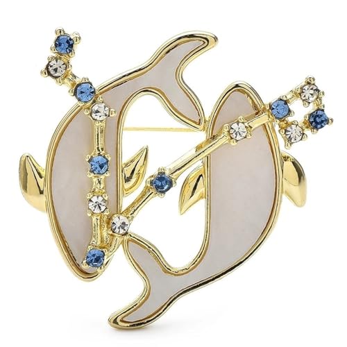 Sternzeichen Fische 2 Delfine Muschel Brosche Anstecknadeln Blau Und Klarer Kristall Tier Abzeichen Schmuck Für Anzug Und Kleid, Gold von BBirtyQV