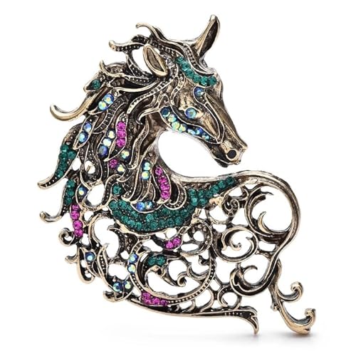 Vintage Hollow Out Hübsches Einhorn Pferd Brosche Mehrfarbige Kristall Rosshaar Metall Abzeichen Pin Schmuck Zubehör, golden von BBirtyQV