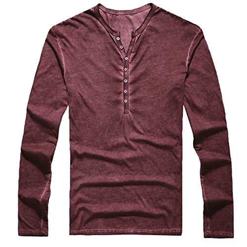 Herren Langarmshirt Vintage V-Ausschnitt Henley Shirt Herbst Casual Basic T-Shirt (L, Weinrot) von BBring Herren Bekleidung