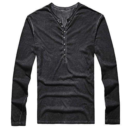 Herren Langarmshirt Vintage V-Ausschnitt Henley Shirt Herbst Casual Basic T-Shirt (XL, Schwarz) von BBring Herren Bekleidung