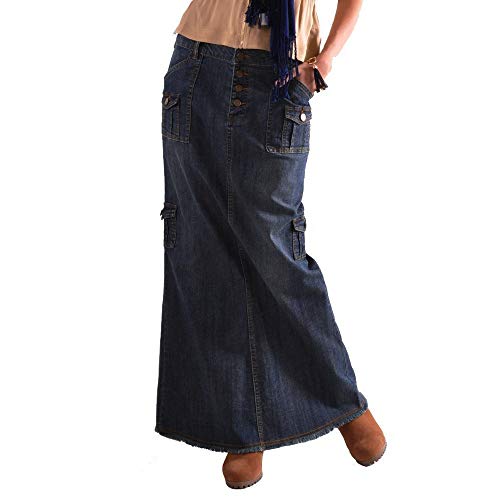 Langer Jeansrock, Damen Maxiröcke Mode Mittlere Taille Knopf Tasche Denim Skirt (S, Dunkelblau) von BBring Rock