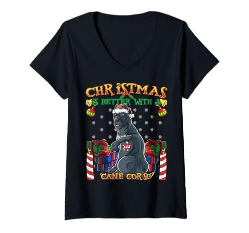 Damen I've Been Naughty Cane Corso Hund mit Weihnachtsmann-Mütze T-Shirt mit V-Ausschnitt von BCC Cane Corso Italiano Shirts & Hunde Geschenke