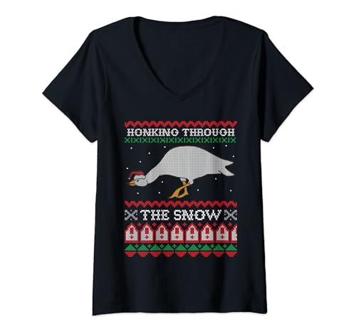 Damen Honking Through The Snow Goose Ugly Christmas Sweater Honk T-Shirt mit V-Ausschnitt von BCC Santa's Christmas Shirts & Weihnachtsgeschenke