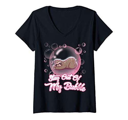 Damen Stay Out Of My Bubble Introvertiert Faultier Seifenblase T-Shirt mit V-Ausschnitt von BCC Sloth Shirts & Faultier Geschenke