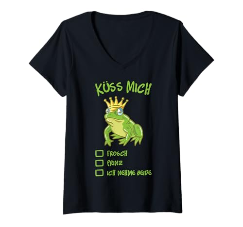 Damen Küss Mich Frosch Mit Krone Märchen König Prinz Prinzessin T-Shirt mit V-Ausschnitt von BCC Witzige Frosch Shirts & Coole Kröten Geschenke