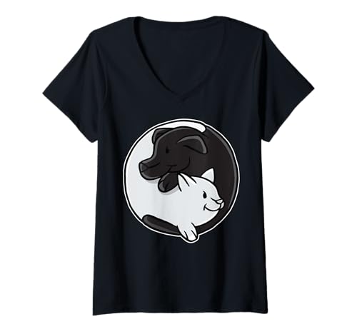 Damen Katze und Hund Yin Yang Symbol Yoga Meditation Achtsamkeit T-Shirt mit V-Ausschnitt von BCC Witzige Katzen Shirts & Mietze Katze Geschenke
