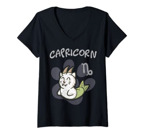 Damen Steinbock Katze Horoskop Capricorn Sternzeichen Astrologie T-Shirt mit V-Ausschnitt Damen Steinbock Katze Horoskop Capricorn Sternzeichen Astrologie T-Shirt mit V-Ausschnitt von BCC Witzige Katzen Shirts & Mietze Katze Geschenke