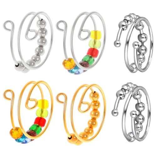 BCHKO 6 PCS Einstellbare Anti-Stress-Ring-Set, Angst Relief, bunte Perle Spinner Ringe, Open Spinner für Frauen, Stress Ringe für Mädchen und Frauen von BCHKO