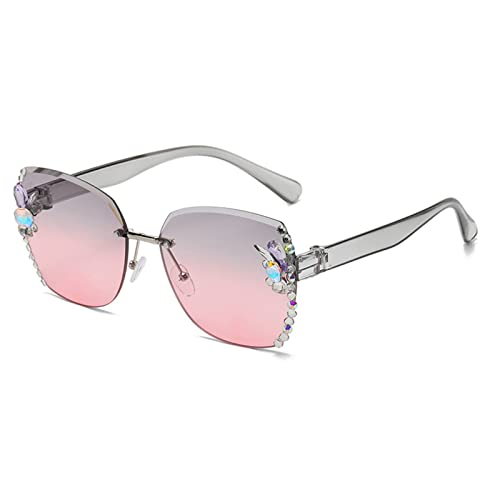 BCIOUS Diamant-Kristall-Sonnenbrille für Damen, randlose Sonnenbrille, kleines Gesicht, glitzernde Sonnenbrille, UV-Sonnenbrille, glitzernde Sonnenbrille, Grauer Rahmen, graues Puder von BCIOUS