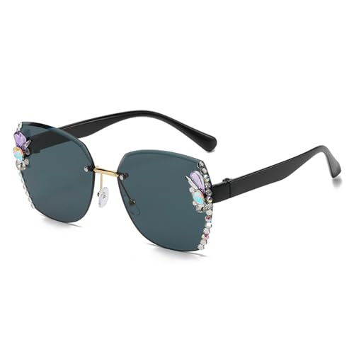 BCIOUS Diamant-Kristall-Sonnenbrille für Damen, randlose Sonnenbrille, kleines Gesicht, glitzernde Sonnenbrille, UV-Sonnenbrille, glitzernde Sonnenbrille, Schwarzer Rahmen, schwarzer Fi von BCIOUS