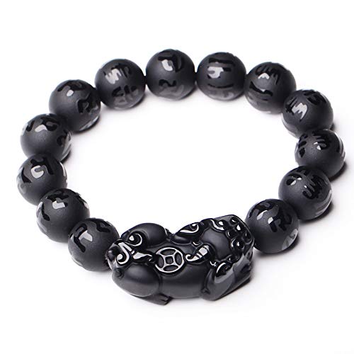 BCJMKDX Obsidian-Armbänder, Natürliche Schwarze Obsidian Matte PiXiu Perlen Armband Tapferen Truppen Sechs-Wort Mantra Perlen Armreif DIY Armbänder for Männer Frauen schmuck von BCJMKDX