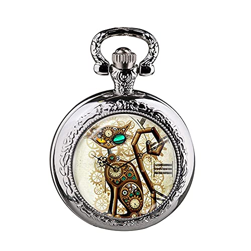 BCJMKDX taschenuhr， Vintage Steampunk Katze Medaillon Halskette Taschenuhr Anhänger Geschenk(Silver) von BCJMKDX