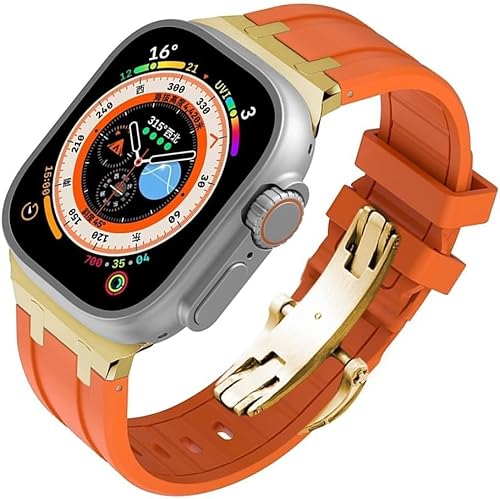 BCMCBV Fluororubber Ersatz-Uhrenarmband, Mod-Kit, für Apple Watch 45 mm, 44 mm, Ultra 49 mm, für Damen, Gummi-Uhrenarmbänder aus Edelstahl, Schmetterlingsverschluss für 41 mm/40 mm, 44MM, Achat von BCMCBV