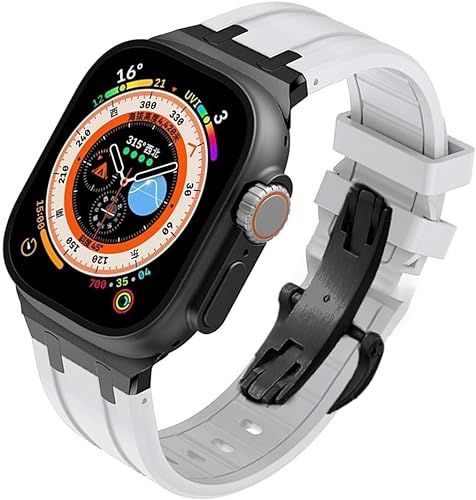 BCMCBV Fluororubber Ersatz-Uhrenarmband, Mod-Kit, für Apple Watch 45 mm, 44 mm, Ultra 49 mm, für Damen, Gummi-Uhrenarmbänder aus Edelstahl, Schmetterlingsverschluss für 41 mm/40 mm, 44MM, Achat von BCMCBV