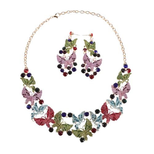 BCOATH Buntes Schmetterling Schmuckset Halskette Ohrringe Damen Hochzeit Abendkleid Accessoire Hypoallergen Präzise Öleinlage Vielseitig für Festliche Anlässe von BCOATH