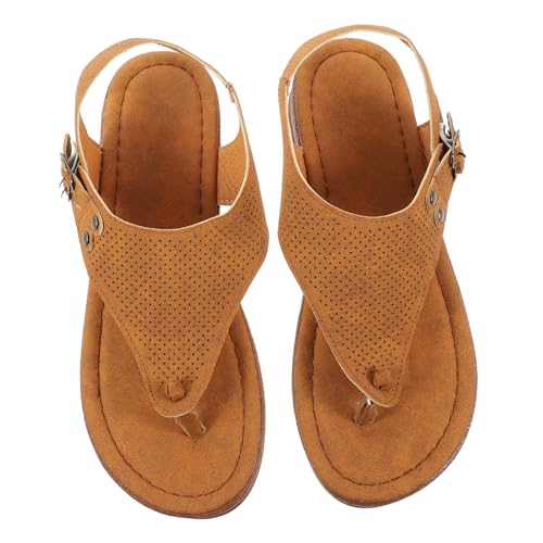 BCOATH Damen Sandalen Flach Sommer Slipper mit Keilabsatz Leichtes PU Material Bequeme Rutschfeste Sandaletten für Alltag und Outdoor Hellbraun von BCOATH