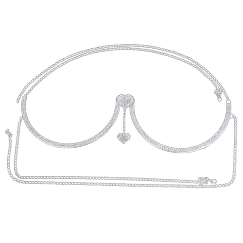 BCOATH Silberne Körperkette mit Strassherz Anhänger Verstellbare Chain Schmuck für Damen Eleganter Brusthalter mit Funkelnden Kristallsteinen für Partys Nachtclub und Festliche Anlässe von BCOATH