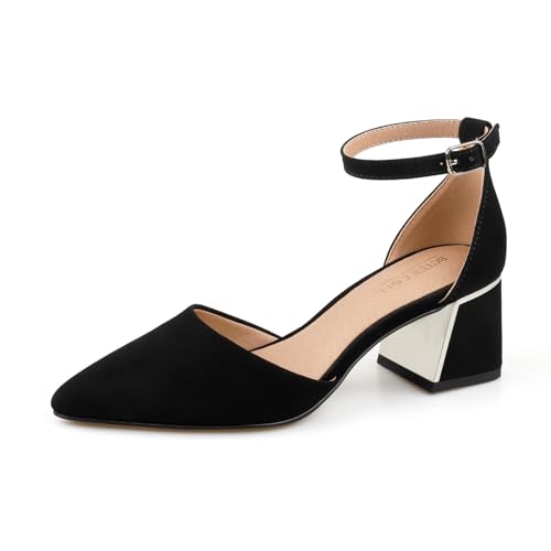 BCTEX COLL Damen-Pumps mit spitzem Zehenbereich, Knöchelriemen, klobig, niedriger Absatz, Metallfutter, entworfen für Damen, Schwarz Nubuk, 42 EU von BCTEX COLL