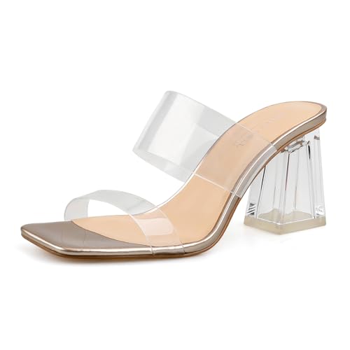 BCTEX COLL Damen-Sandalen mit transparentem Absatz, zwei Riemen, quadratischer Zehenbereich, zum Hineinschlüpfen, klobige Blockabsätze, elegante Schuhe, Beige, Schwarz, Hautfarben, Roségold, Roségold BCTEX COLL Damen-Sandalen mit transparentem Absatz, zwei Riemen, quadratischer Zehenbereich, zum Hineinschlüpfen, klobige Blockabsätze, elegante Schuhe, Beige, Schwarz, Hautfarben, Roségold, Roségold von BCTEX COLL
