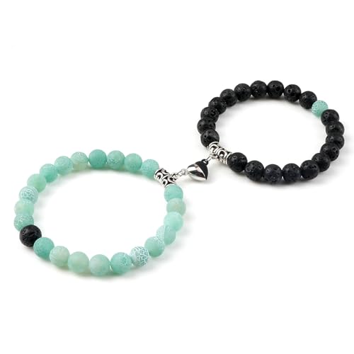 BCughia 2 Stück Armband Paare Perlen, 8MM Lavastein Armband mit Herz, Armband Elastisch 18-19CM von BCughia