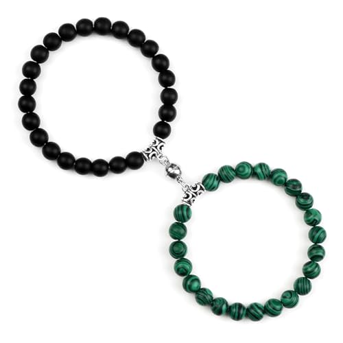 BCughia 2 Stück Armband Paare Perlen, 8MM Matt Stein Malachit Armband, Herren Armband Elastisch 18-19CM von BCughia