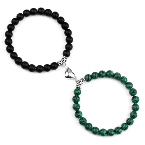 BCughia 2 Stück Armband Paare Perlen, 8MM Matt Stein Malachit Armband mit Herz, Elastisches Armband Frauen 18CM von BCughia