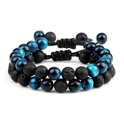 BCughia 2 Stück Armband Pärchen Perlen, 8MM Blau Stein Lavastein Armband, Armband Verstellbar 17-30CM von BCughia