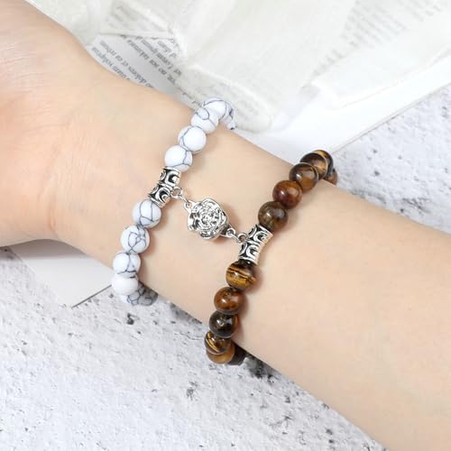 BCughia 2 Stück Armband Pärchen Stein, 8MM Weiß Türkis Tigerauge Armband mit Blume, Elastisches Armband Frauen 18CM BCughia 2 Stück Armband Pärchen Stein, 8MM Weiß Türkis Tigerauge Armband mit Blume, Elastisches Armband Frauen 18CM von BCughia