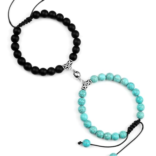BCughia 2 Stück Armband Partnerarmband Perlen, 8MM Matt Stein Türkis Armband, Armband Herren Verstellbar 17-30CM von BCughia
