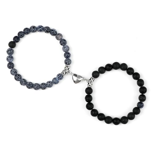 BCughia 2 Stück Armband Perlen Set, 8MM Dunkelblau Stein Lavastein Armband mit Herz, Armband Elastisch Perlen 18CM von BCughia